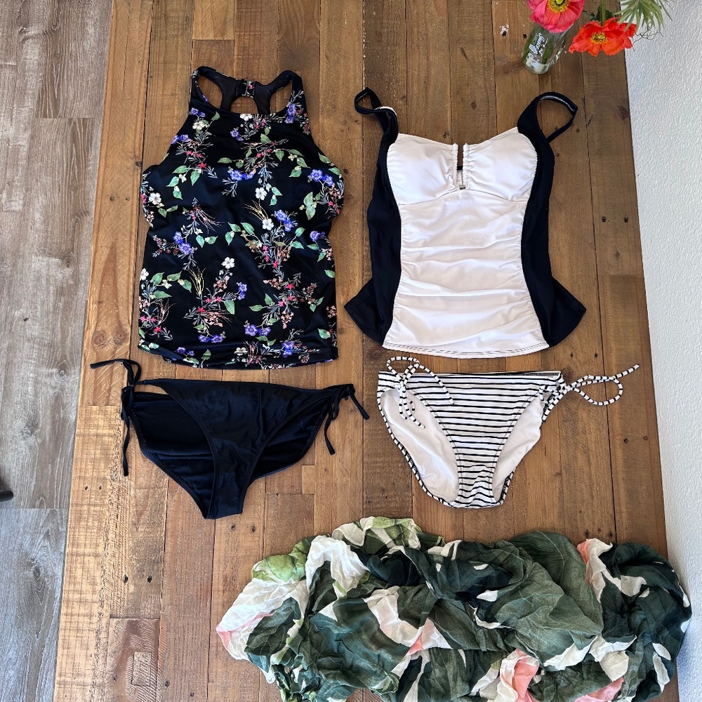 ATHLETA and VENUS lot tankini tops! Black, white, floral swimwear L 10 36D/DD